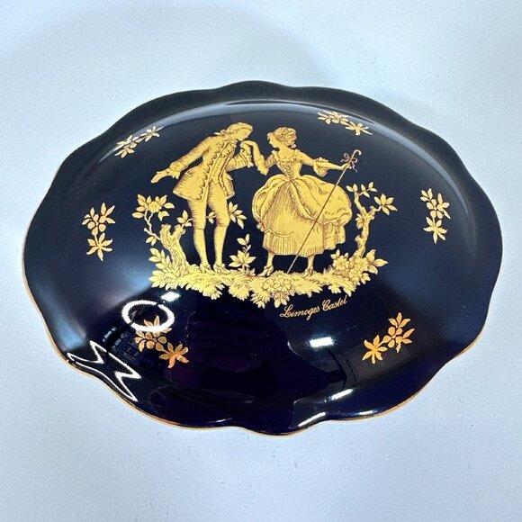 Limoges Other - VTG Limoges Castel France Deep Cobalt Blue 22K Courting Scene Trinket Box EUC